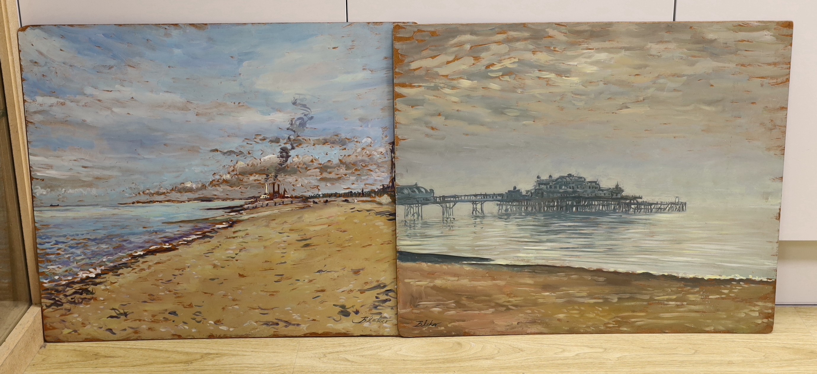 Michael Blaker (1928-2018), two oils on board, 'West Pier, Brighton' and 'View along the beach towards Shoreham', signed, 51 x 61cm, unframed